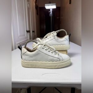 Chloe Lauren Leather Sneakers Low Top White Round Toe Lace Up Women's Sz 37 / 7